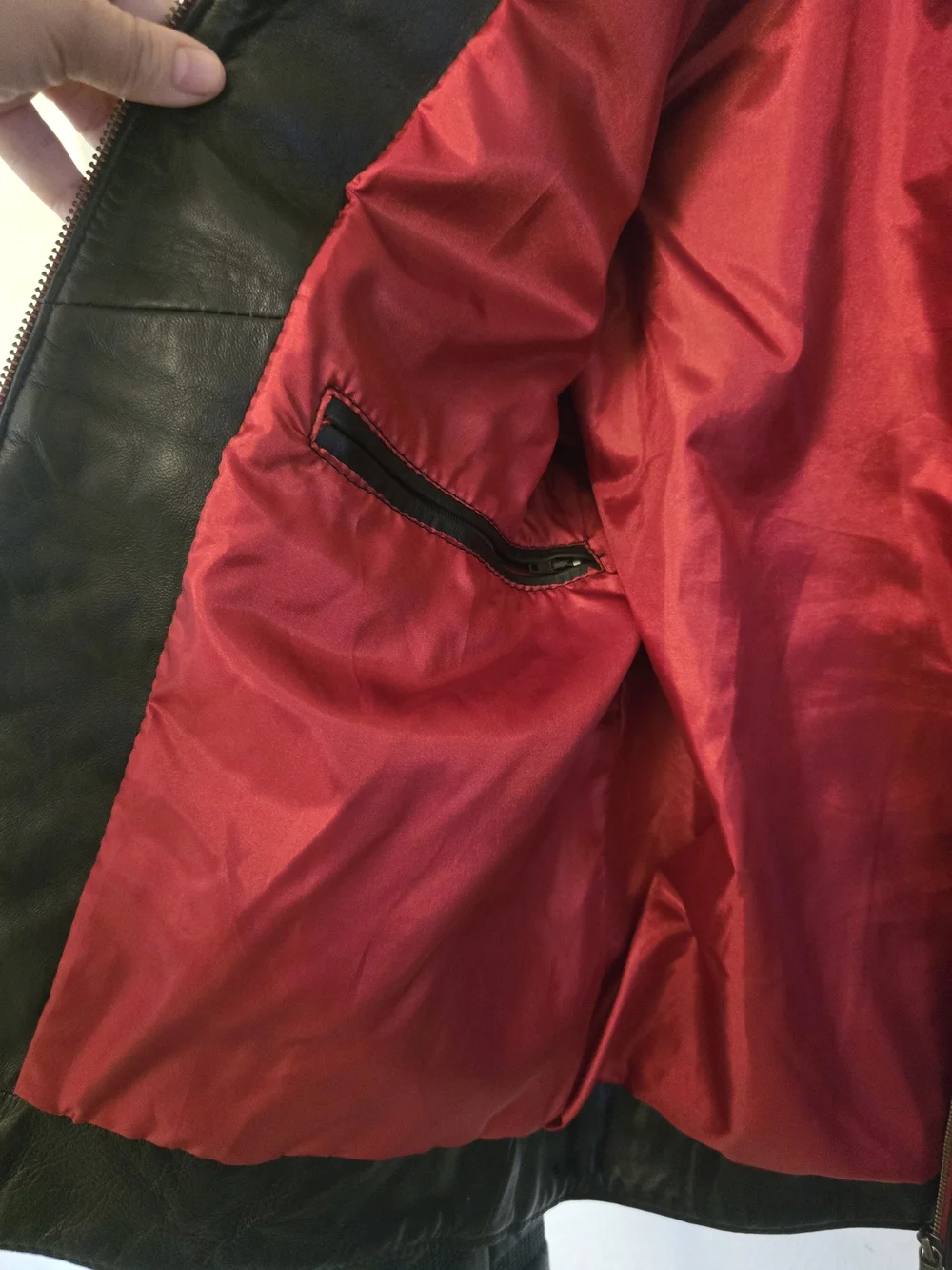 Black Quilted Puffer LEATHER Jacket with Red Trim